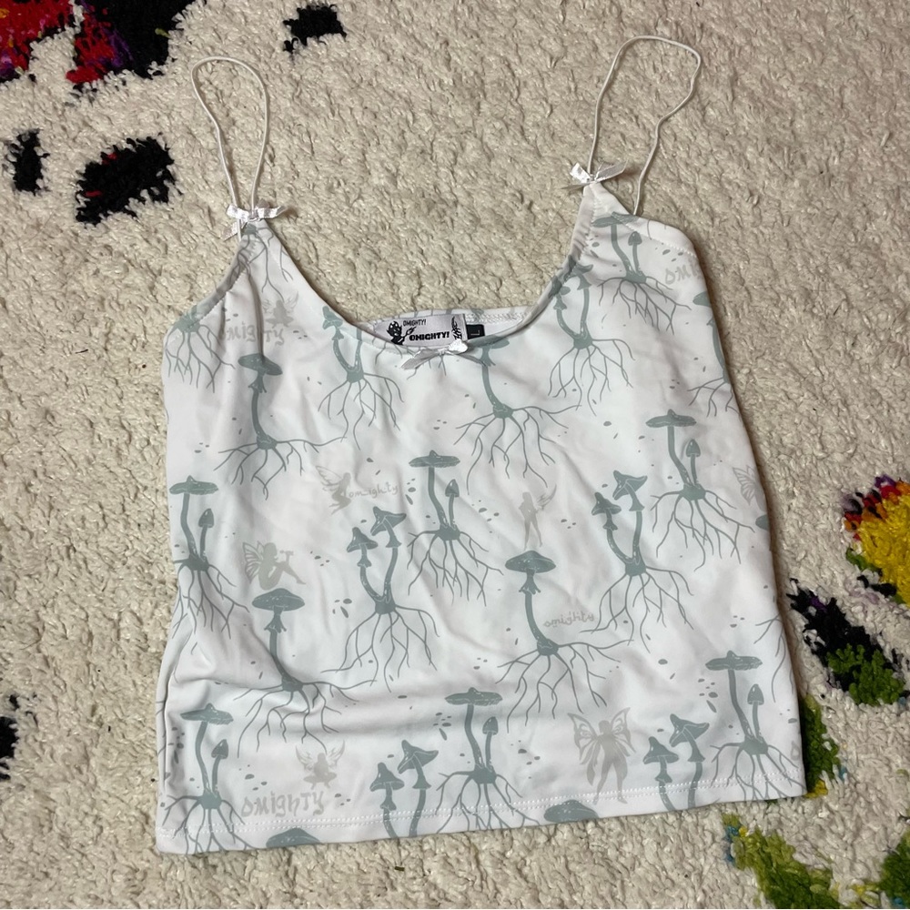 Omighty fairy mushroom white blue tank top